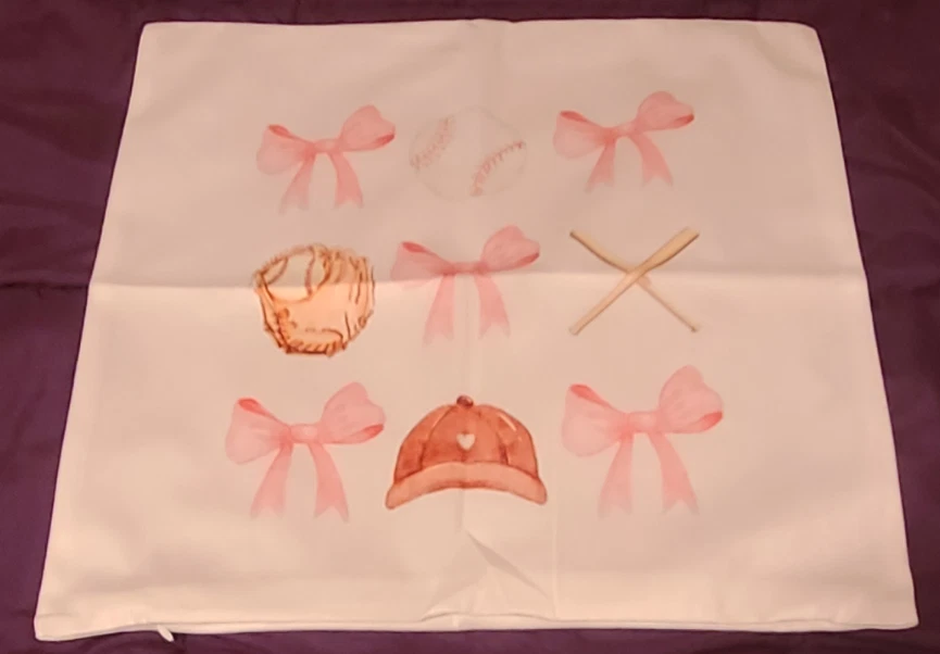Funda de almohada blanca/rosa con arco de béisbol 18"x18" nueva Foto 1 de 1