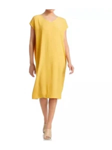 Eileen Fisher Dress V-Neck Knee Length Marigold Yellow Size Large - Picture 1 of 5