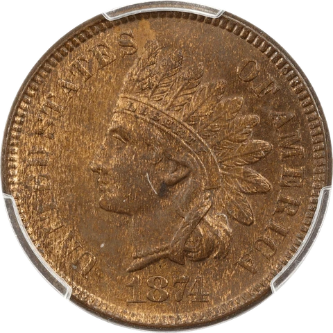 1874 Indian Head Cent 1c, PCGS MS 63 RB Cover