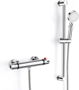 Badezimmer Thermostat Aufputz Duscharmatur mit Steigrohr Set große Stange Set Chrom - Bild 1 von 29