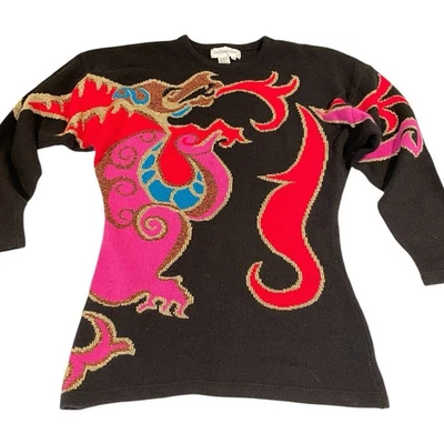 Vintage Outlander Dragon Metallic Sweater Dress Tunic M Hong Kong Angora 80s - Image 1 of 4