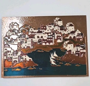 Copper Enamel Seaside Village Wall Plaque Picture Greek 11" X 9" READ - Picture 1 of 14