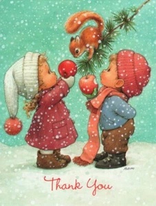Thank You Christmas Boy Girl Squirrel & Apples Bill Morehead Cards - Set of 2 - Picture 1 of 4