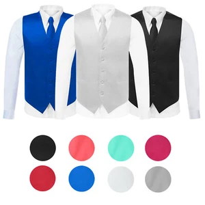 Men's Solid Color Adjustable Dress Vest & Neck Tie Set for Suit or Tuxedo - Picture 1 of 18