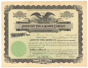 Johnstone Tire & Rubber Company. Certificato Stock. Arizona. 1921 - Foto 1 di 1