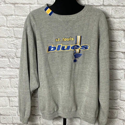 St Louis Blues NHL Logo Athletic Mens Gray Embroidered Sweater Sz XXL Cover