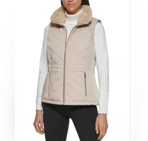 Women’s Calvin Klein Fur Collared Zip Quilted Puffer Vest S Beige NWT - Picture 1 of 6