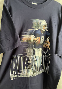 Vintage Troy Aikman T-Shirt Size XL Navy Blue Dallas Cowboys 1995 Single Stitch