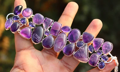 天然紫水晶宝石手工纯银镶嵌手链 尺寸 7-8 — 第 1/4 张图片