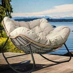 Garden Outdoor Rocking Chair Large Metal Frame Thick Padding Beige - Picture 1 of 6