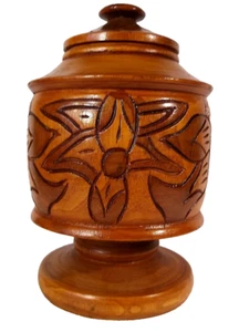 Vintage 60er Jahre handgeschnitzte runde Holzschale mit Fuß und Deckel Haiti - Bild 1 von 9