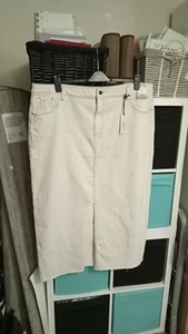 Size 24 Uk Cream Long Denim skirt By Tu Bnew 5 Pockets Front Split Raw Hem - Picture 1 of 7