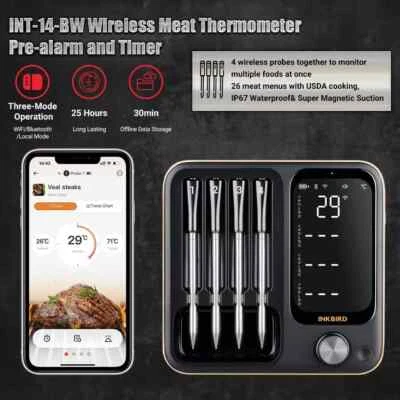 INKBIRD Wireless Meat Thermometer INT-14-BW Bluetooth Wifi Control Rechargeable - Image 1 of 4