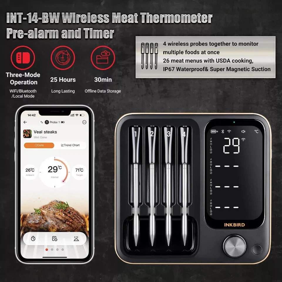 INKBIRD Wireless Meat Thermometer INT-14-BW Bluetooth Wifi Control Rechargeable - Image 1 of 4