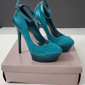 Bakers Pump Heels 6.5 Teal Tandy Stilettos Faux Suede Patent Leather Platform - Picture 1 of 12