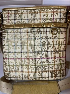 COACH-Chelsea Crossbody Messenger Bag-Gold & Beige PLAID GRAFFITI - Picture 1 of 7