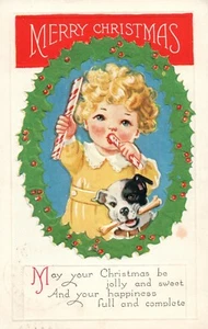 Child Holding Candy Cane With Puppy Framed In a Holly Wreath C-162 - Bild 1 von 2