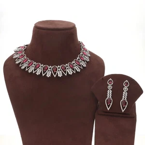 Glänzend Rot Blau Cz Halskette & Ohrring Set Weiß Beschichtet - Bild 1 von 22