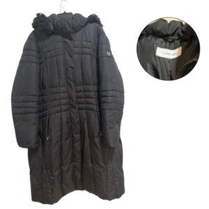Calvin Klein Women's Black Puffer Coat Hooded Faux Fur Trim 2XL - Picture 1 of 3