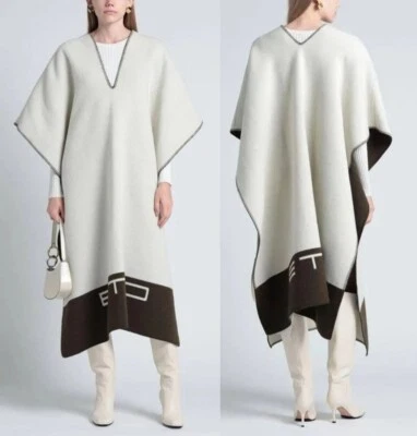 Poncho capa ETRO 100 % lana virgen jacquard con logotipo en marfil-caqui talla OS $1420 Foto 1 de 4