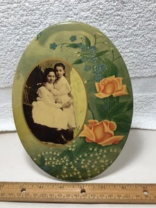 Antique Celluloid Photo Medallion Sisters In Embrace With Floral Design - Picture 1 of 8