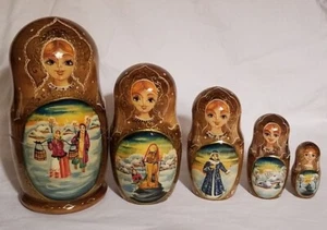 5-teiliges verschachteltes Puppen-Set Matroschka 6,5 Zoll - 2,25 Zoll russischer Goldrand, signiert - Bild 1 von 22