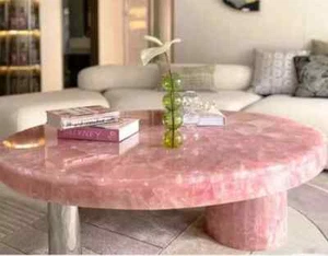 Mesa de centro de cuarzo rosa rosa, muebles hechos a mano, mesa de cuarzo decoración del hogar - Imagen 1 de 14