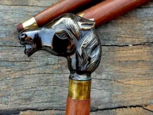 Antique Brass Horse Designer Handle Vintage Walking Stick Wooden Cane Gift Women - Picture 1 of 4
