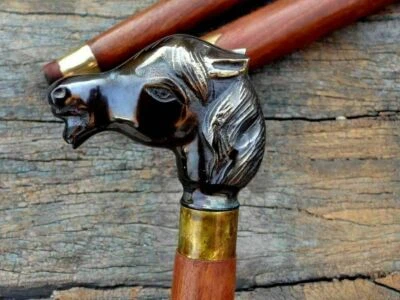 Antique Brass Horse Designer Handle Vintage Walking Stick Wooden Cane Gift Women - Image 1 of 4