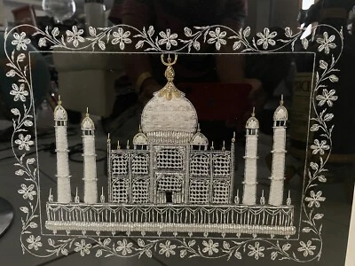 Textile Art Architectural Embroidery Taj Mahal Metallic Gold Zardozi Shadow Fram - Image 1 of 4