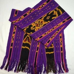 Vintage guatemaltekisch lila Baumwolle Ikat handgewebt Fransen Läufer Schärpe breiter Gürtel Schal - Bild 1 von 6