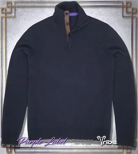 Ralph Lauren Purple Label Men's Navy Blue Cashmere Sweater Mock Neck Suede Trim - Picture 1 of 3