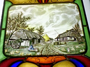 Bleiverglasung Fensterbild meisterliche Glasmalerei "Bäuerliche Szene" signiert - Bild 1 von 13