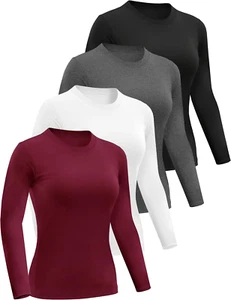 4 Pack Women’S Long Sleeve Basic Shirts Crew Neck Slim Fitted Compression Gym Wo - Picture 1 of 12