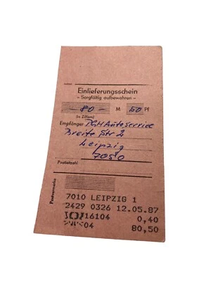 Einlieferungsschein - 80 - 50 Pf PGH Autoservice 7010 Leipzig Postscheckamt 6x10 - Bild 1 von 2