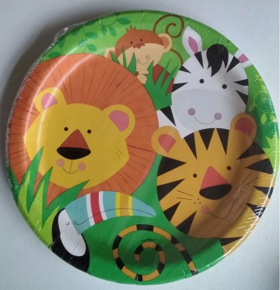 EIGHT  9" Animal Jungle Birthday Party Paper Plates Monkey Lion Tiger Toucan - Image 1 of 1