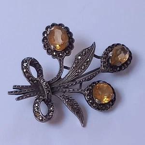 Gorgeous Vintage Silver Vintage Real Citrine & Marcasite Flower Brooch.. - Picture 1 of 16