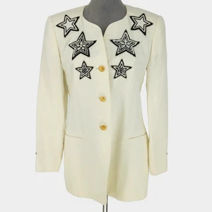 Escada Jacket Womens 38 EU 8 US White Linen Embroidered Beads Lined Vintage - Picture 1 of 16