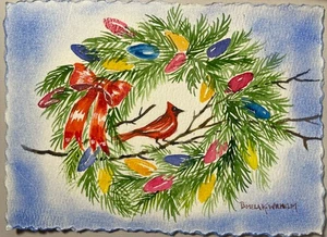 5”x7” Pamela Wilhelm Original Watercolor  Christmas Wreath bow cardinal lights - Picture 1 of 3
