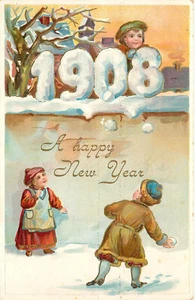 Embossed New Years Postcard Year Date 1908 Children Snowball Fight - Picture 1 of 2