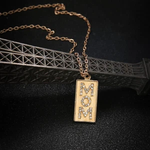 Mother's Day Gift "Mom" Charm Crystal Square Pendant Gold Necklace Chain Jewelry - Picture 1 of 7