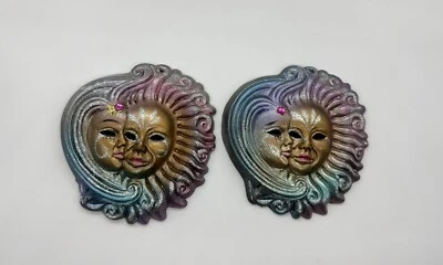 2 Moon & Sun Goddess Venetian Mask Wall Hanging Mardi Gras Decoration Ceramic - Image 1 of 4