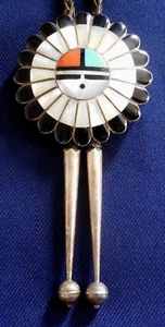 ZUNI M & S LAAHTE STERLING MULTI STONE Vintage SUNFACE KACHINA BOLO TIE Estate - Picture 1 of 4