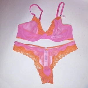 Conjunto de sujetador Victoria Secret 34B sin forro Demi tanga pequeña panty rosa naranja encaje transparente - Imagen 1 de 8