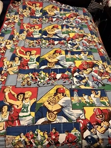 Vtg Sports Bedspread Blanket Baseball Tennis Football Basketball-Twin-Fabric - Picture 1 of 10