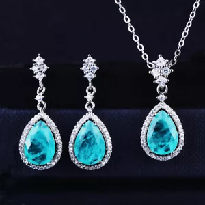 2pc Lot Waterdrop Charm Neon Blue Tourmaline Gems Women Pendant Dangle Earring - Picture 1 of 6