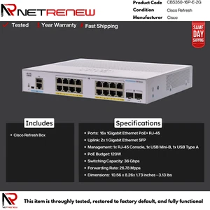 Cisco Business CBS350-16P-E-2G 16-Port PoE+ Gigabit Managed Switch with 2 SFP - Picture 1 of 1