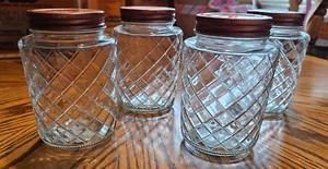4 DECORATIVE GLASS JAR BEVELED CRISS CROSS DESIGN COPPER LIDS DECANTER CANISTER - Picture 1 of 6