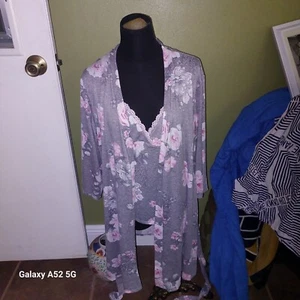 Womens 3 Pc Pajama Set Shorts Top Robe Grey Pink Floral Laura Ashley Set X-Lg   - Picture 1 of 5