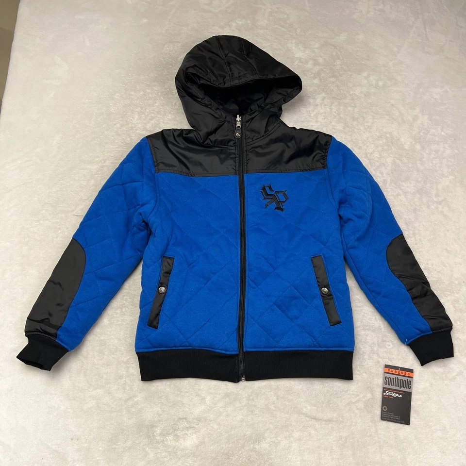 South Pole Kids 皇家蓝色绗缝连帽夹克 尺寸 S 8-10 男孩 女孩 — 第 1/4 张图片
